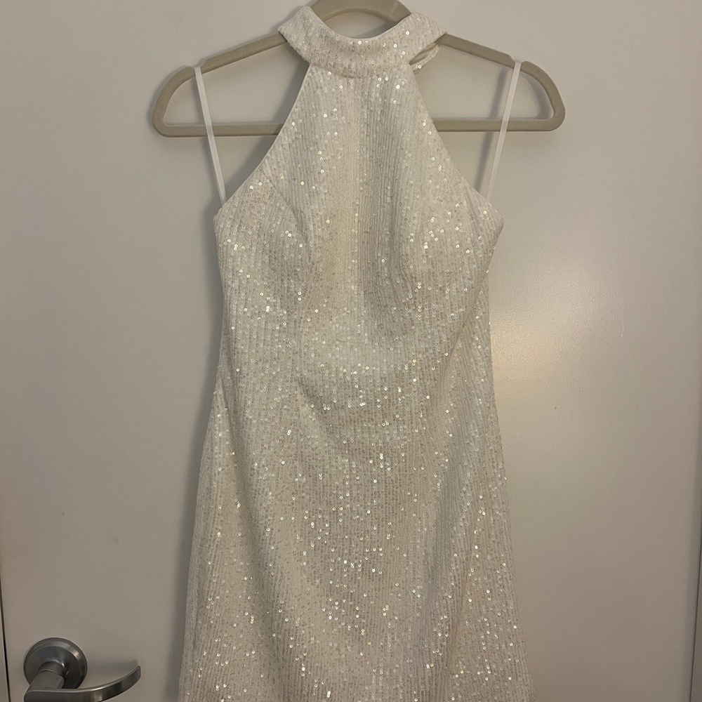 Elegant White Sequin Mini Halter Dress- Untamed Petals Chloe Dress